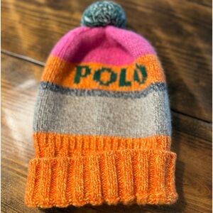 Polo Ralph Lauren Striped Pom-Pom Hat. Beanie pink/orange/gray 100% wool Italy